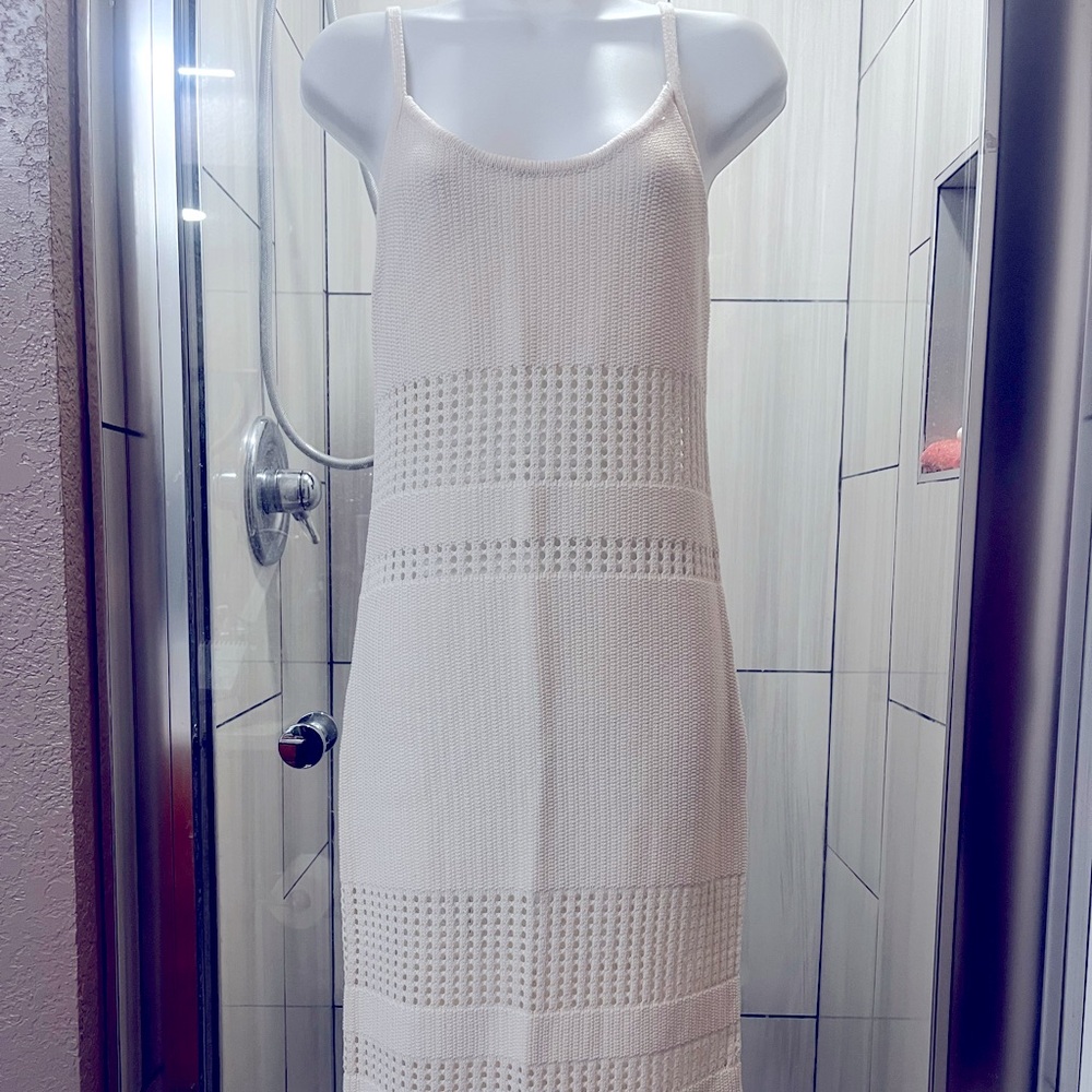 Cream colored light knit long dress, spaghetti straps